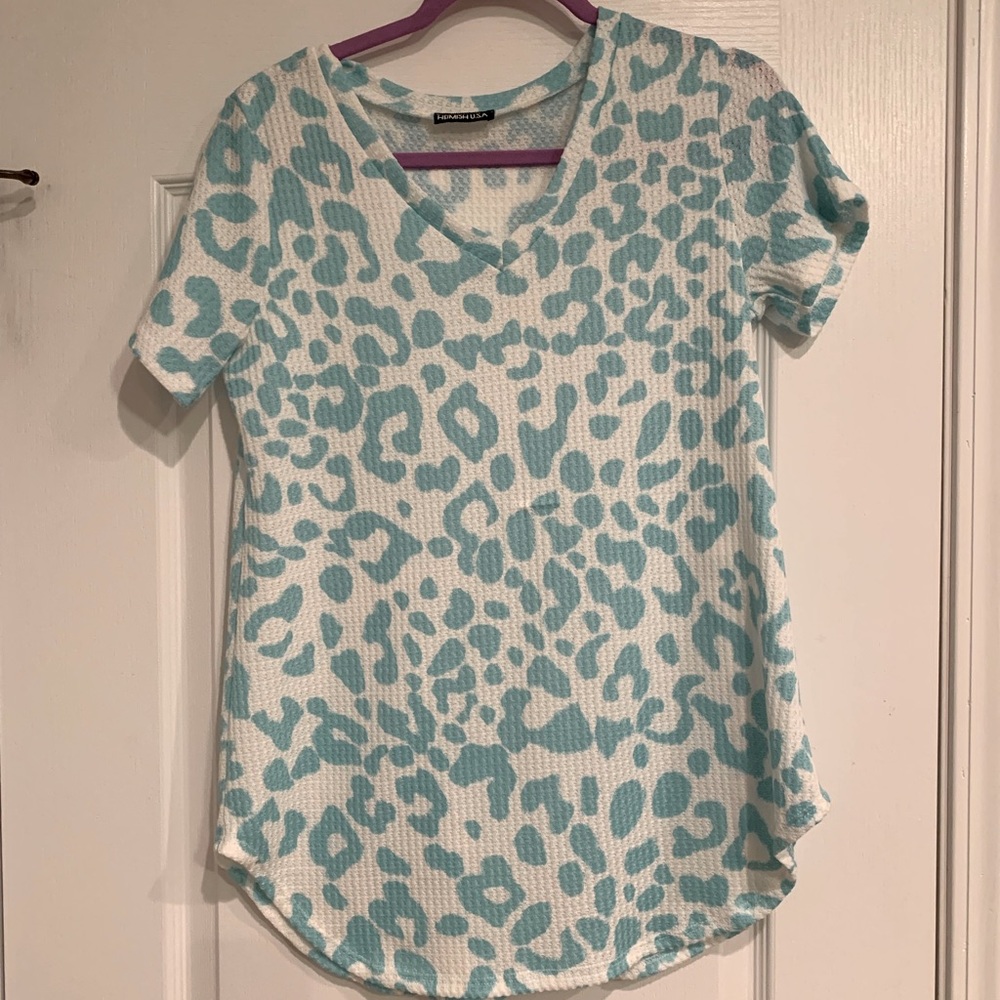 White and Aqua Leopard Waffle Top
